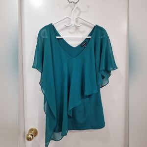 Le Chateau Green Asymmetrical Flutter Sleeve Blouse